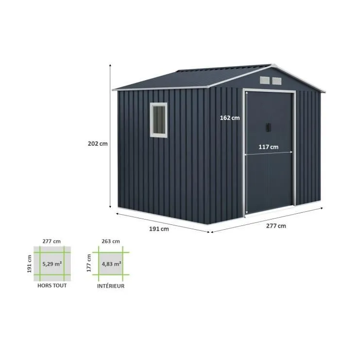 Abri de jardin en métal 5,29 m² – 277 x 191 x 202 cm – VENUS Kit d’ancrage inclus, 2 portes coulissantes, 1 fenêtre latérale Gris